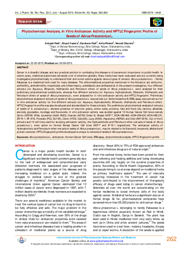 (PDF) Phytochemical analysis, in vitro anticancer activity and HPTLC ...