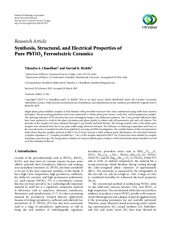 (PDF) Synthesis, Structural, and Electrical Properties of Pure PbTiO 3 ...