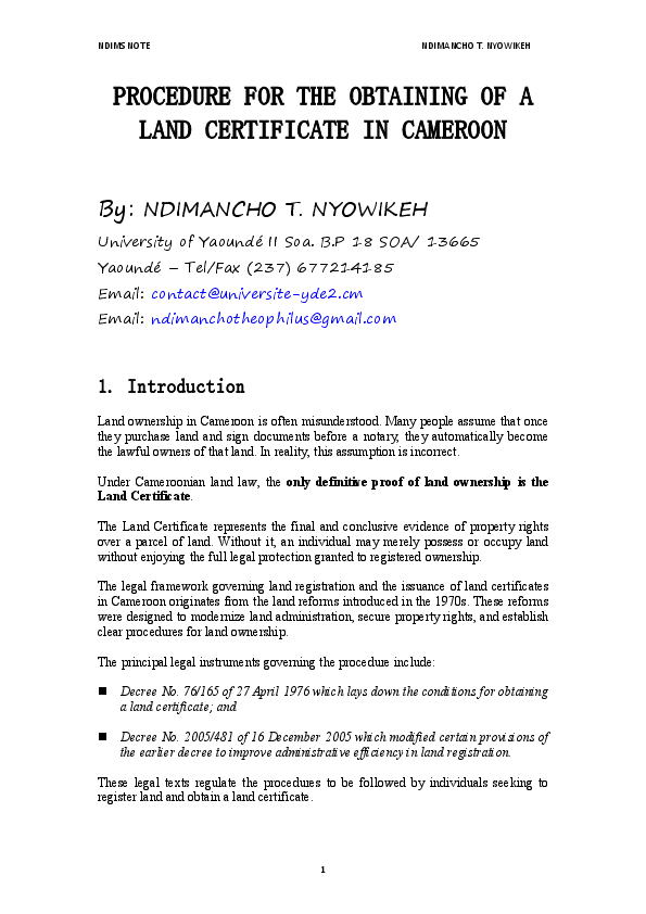 (PDF) PROCEDURE FOR THE OBTAINING OF A LAND CERTIFICATE IN CAMEROON