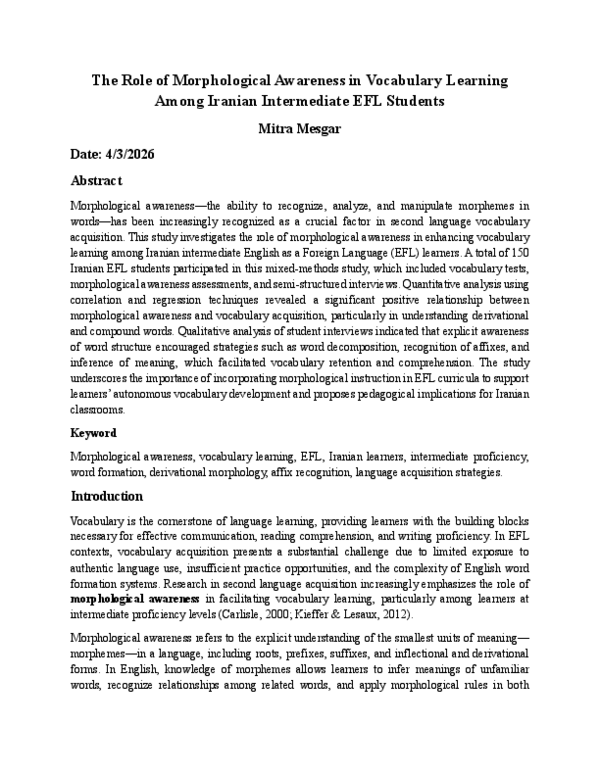 (PDF) The Role of Morphological Awareness in Vocabulary Learning Among ...