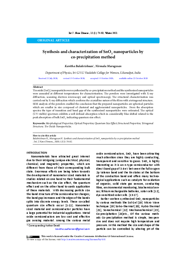 (PDF) Synthesis and characterization of SnO2 nanoparticles by Co ...