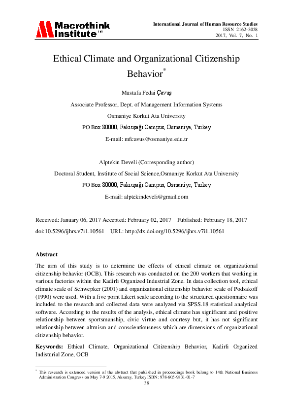 (PDF) Ethical Climate and Organizational Citizenship Behaviour