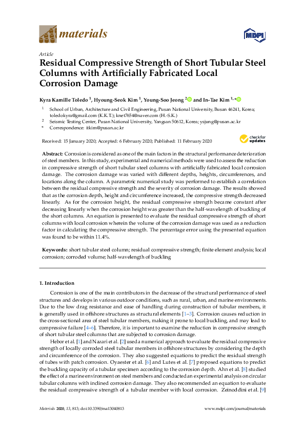 (PDF) Residual Compressive Strength of Short Tubular Steel Columns with ...