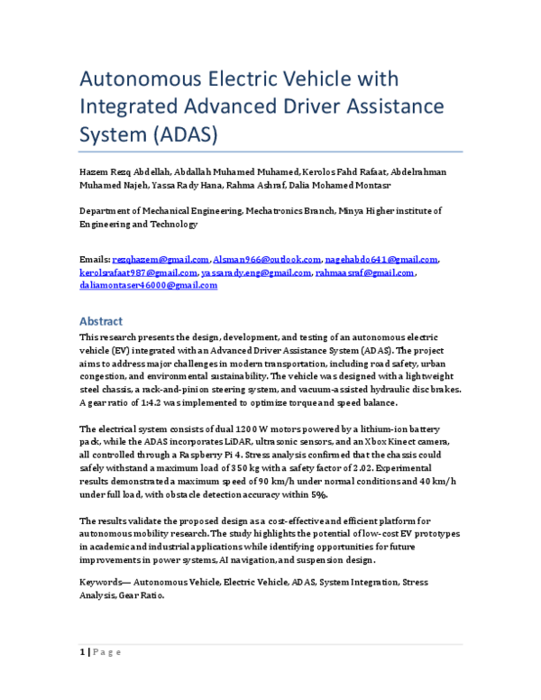 (PDF) Autonomous Electric Vehicle with Integrated Advanced Driver ...