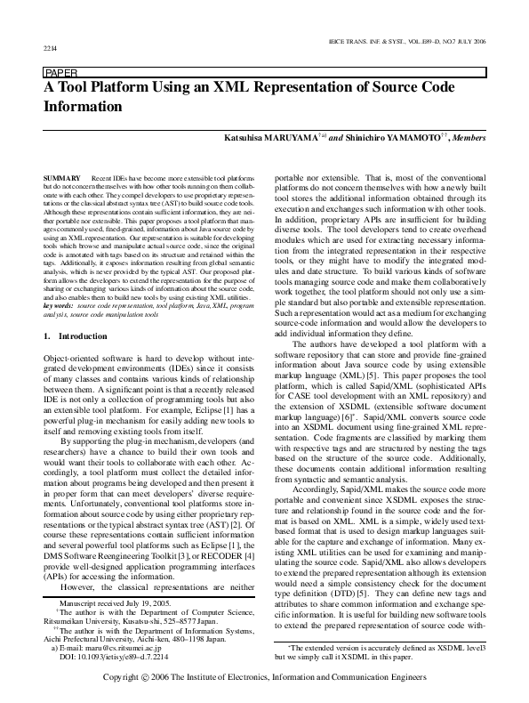 (PDF) A Tool Platform Using an XML Representation of Source Code ...