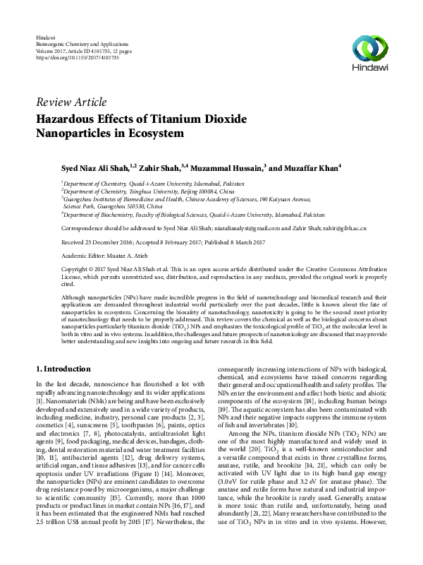 (PDF) Hazardous Effects of Titanium Dioxide Nanoparticles in Ecosystem