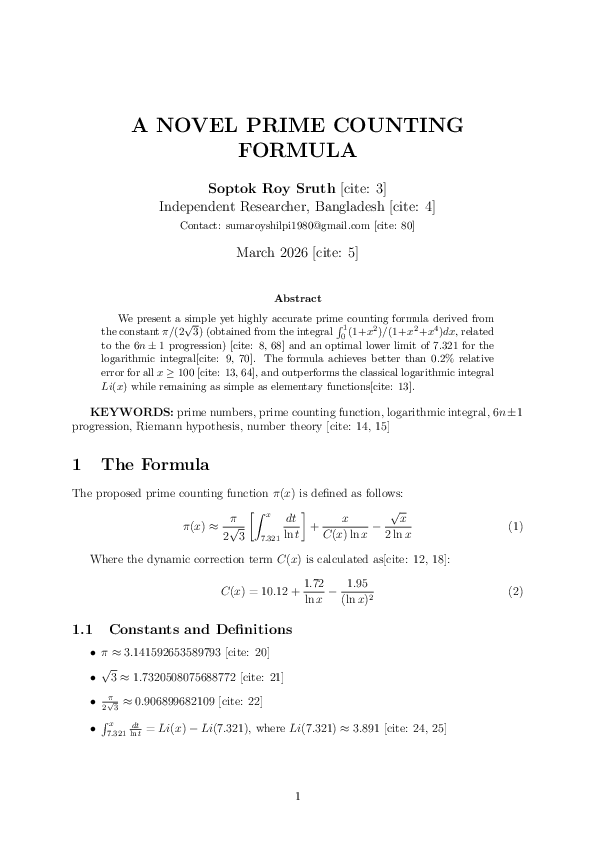 (PDF) Prime counting formula s(x) using π/2√3 constant,