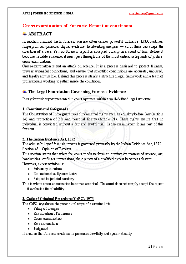 (PDF) Cross examination of Forensic Report at courtroom