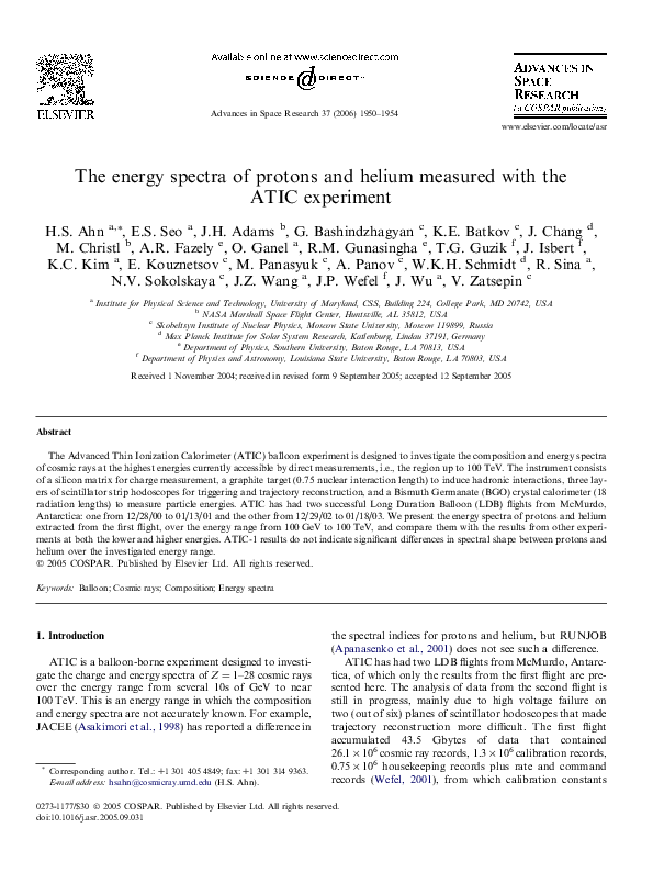 (PDF) The energy spectra of protons and helium measured with the ATIC ...