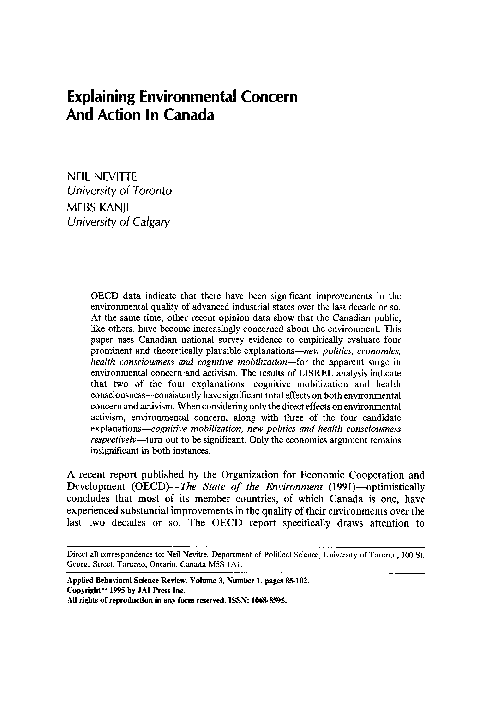 (PDF) Explaining environmental concern and action in Canada