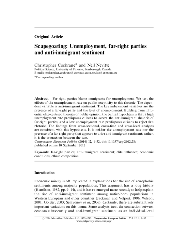 (PDF) Scapegoating: Unemployment, far-right parties and anti-immigrant ...