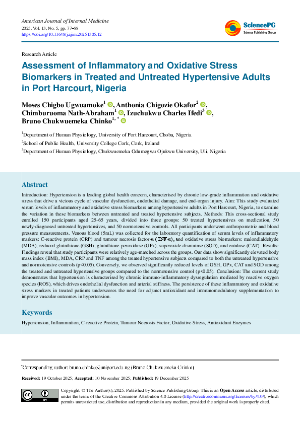 (PDF) Assessment of Inflammatory and Oxidative Stress Biomarkers in ...