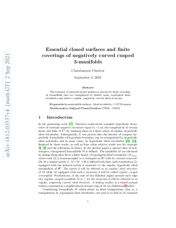 (PDF) Essential closed surfaces and finite coverings of negatively ...