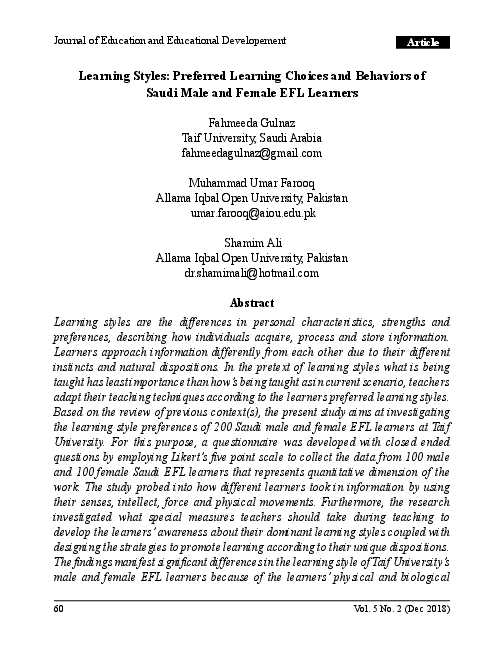 (PDF) Learning Styles: Preferred Learning Choices and Behaviors of ...