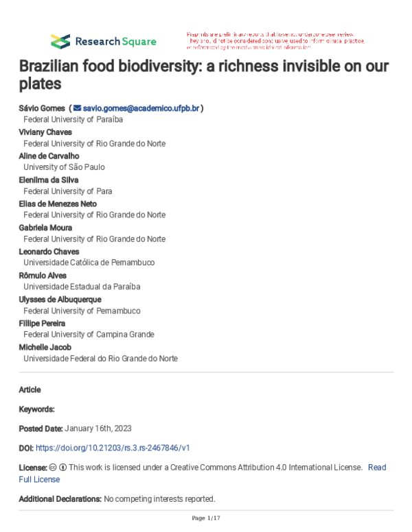 (PDF) Brazilian food biodiversity: a richness invisible on our plates