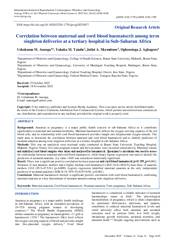 (PDF) Correlation between maternal and cord blood haematocrit among ...