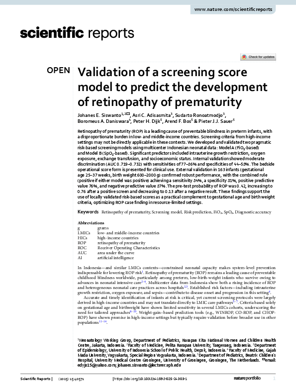 (PDF) Validation of a screening score model to predict the development ...