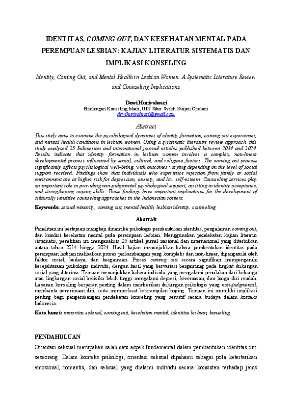 (PDF) IDENTITAS, COMING OUT, DAN KESEHATAN MENTAL PADA PEREMPUAN ...