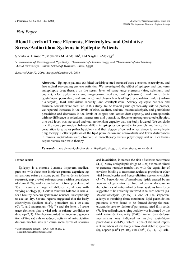 (PDF) Blood Levels of Trace Elements, Electrolytes, and Oxidative ...