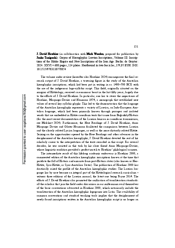 (PDF) Review of Corpus of Hieroglyphic Luwian Inscriptions, Volume III ...