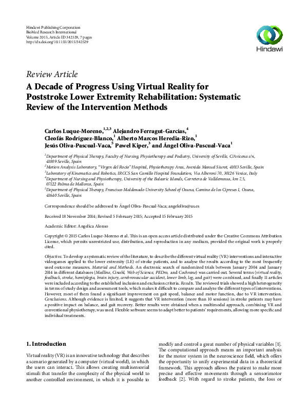 (PDF) A Decade of Progress Using Virtual Reality for Poststroke Lower ...