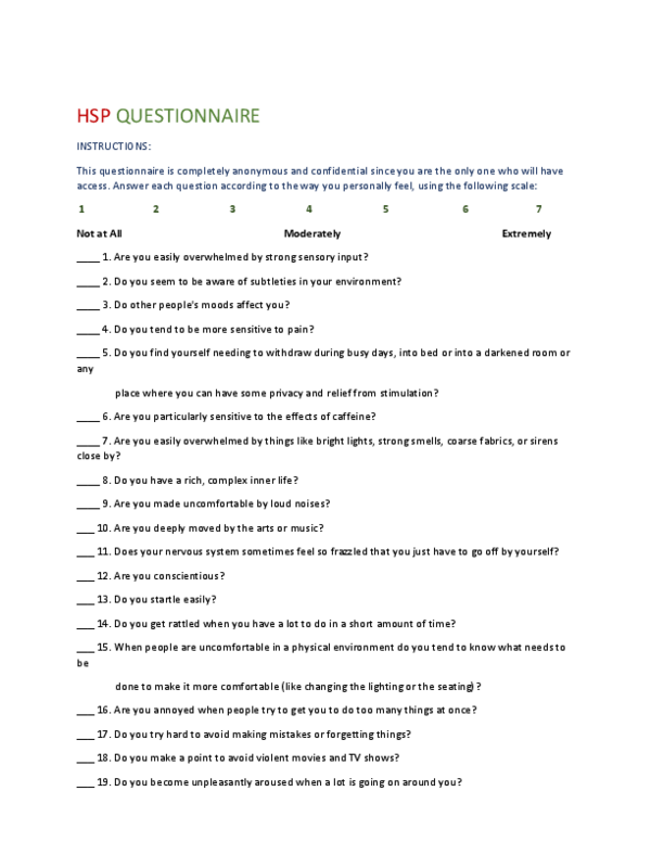 (PDF) Highly Sensitive Person (HSP) Self-Scoring Assessment Questionnaire