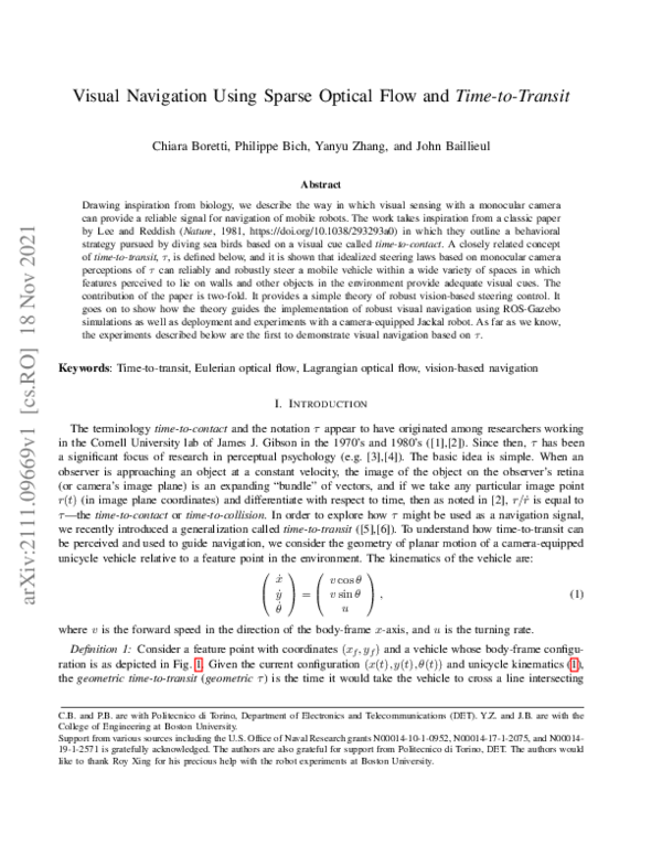 (PDF) Visual Navigation Using Sparse Optical Flow and Time-to-Transit