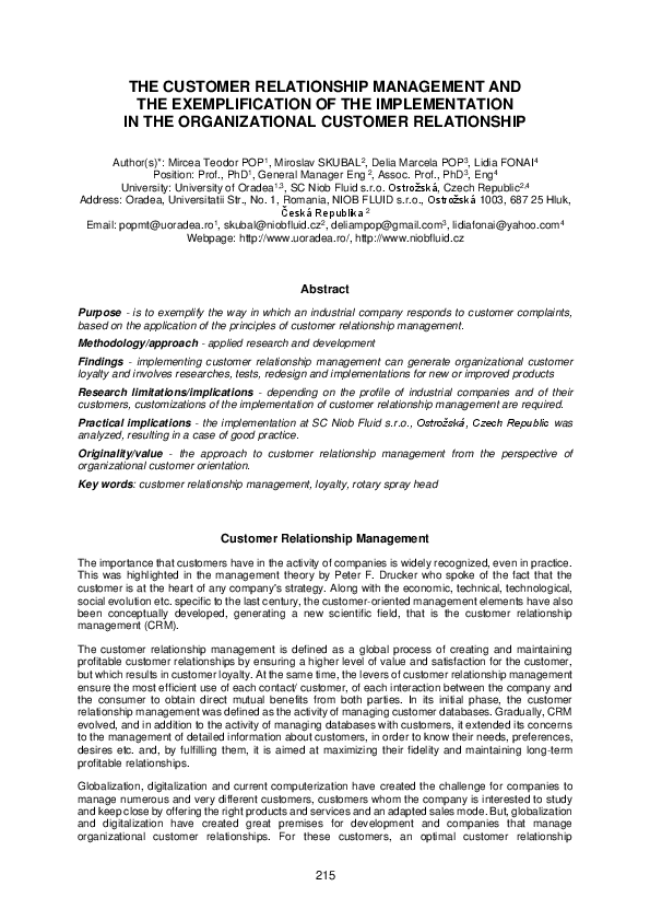 (PDF) The Customer Relationship Management and the Exemplification of ...
