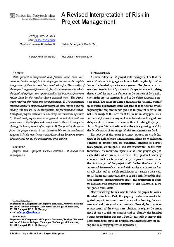 (PDF) A Revised Interpretation of Risk in Project Management