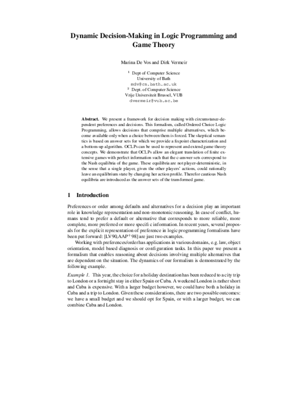 (PDF) Dynamic Decision-Making in Logic Programming and Game Theory