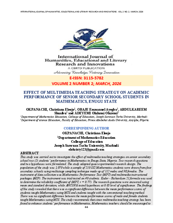 (PDF) EFFECT OF MULTIMEDIA TEACHING STRATEGY ON ACADEMIC PERFORMANCE OF ...