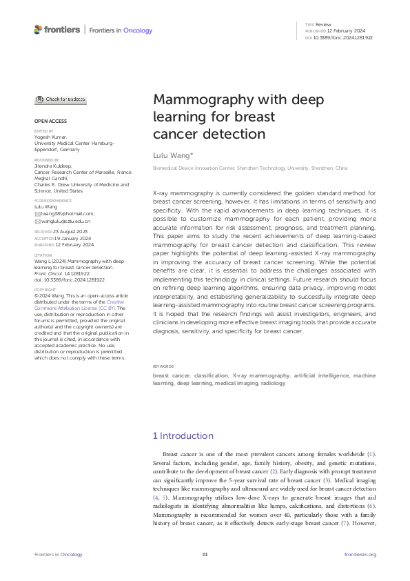 (PDF) Mammography with deep learning for breast cancer detection