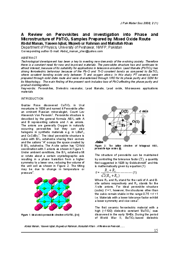 (PDF) A Review on Perovskites and investigation into Phase and ...