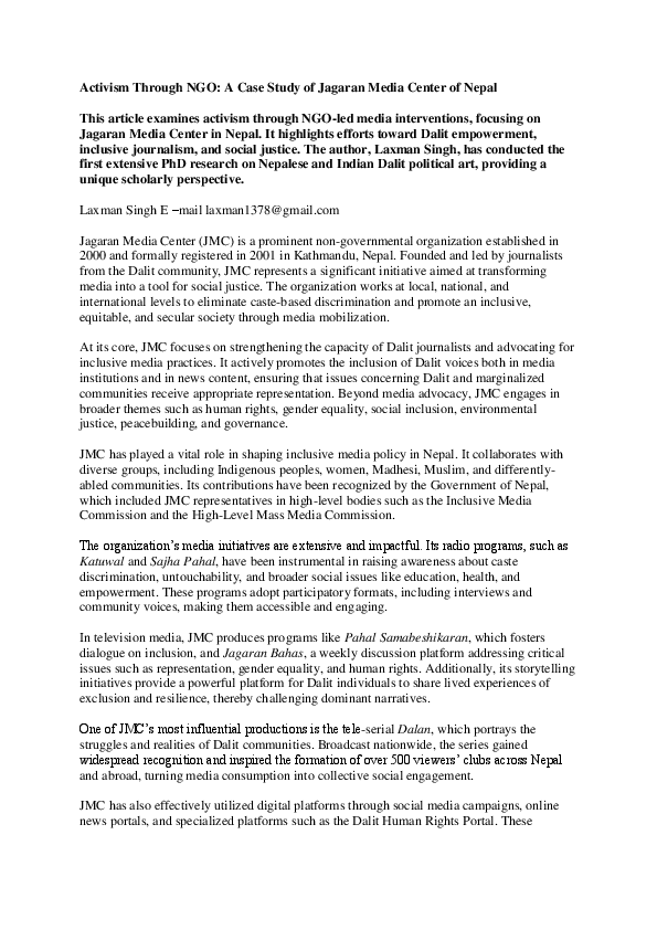 (PDF) Activism Through NGO A Case Study of Jagaran Media Center of Nepal