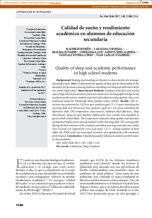 (PDF) Quality of sleep and academic performance in high school students