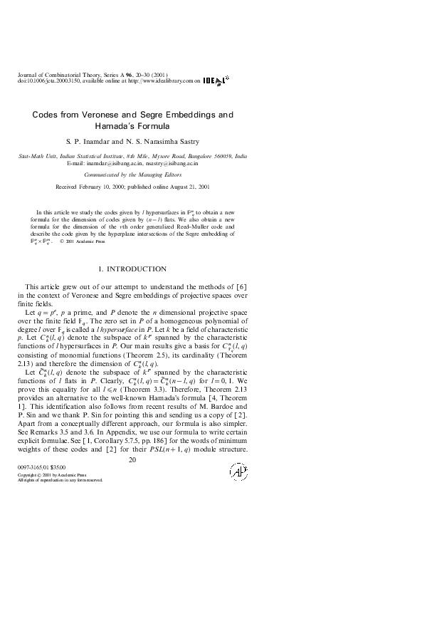 (PDF) Codes from Veronese and Segre Embeddings and Hamada's Formula
