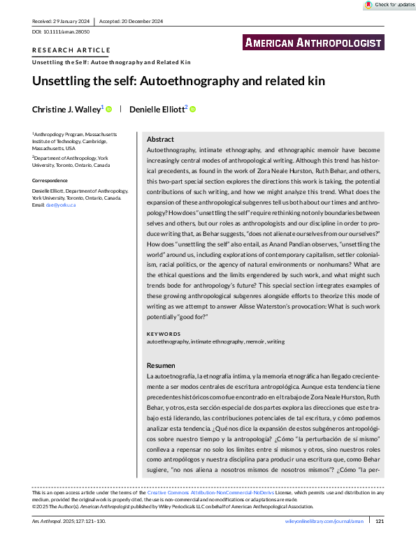 (PDF) Unsettling the self: Autoethnography and related kin