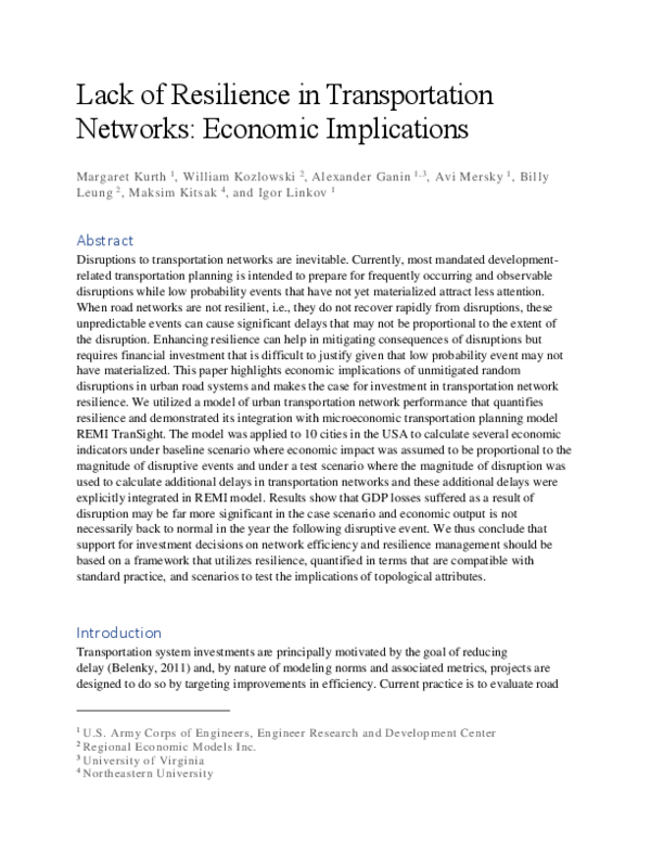 (PDF) Lack of Resilience in Transportation Networks: Economic Implications