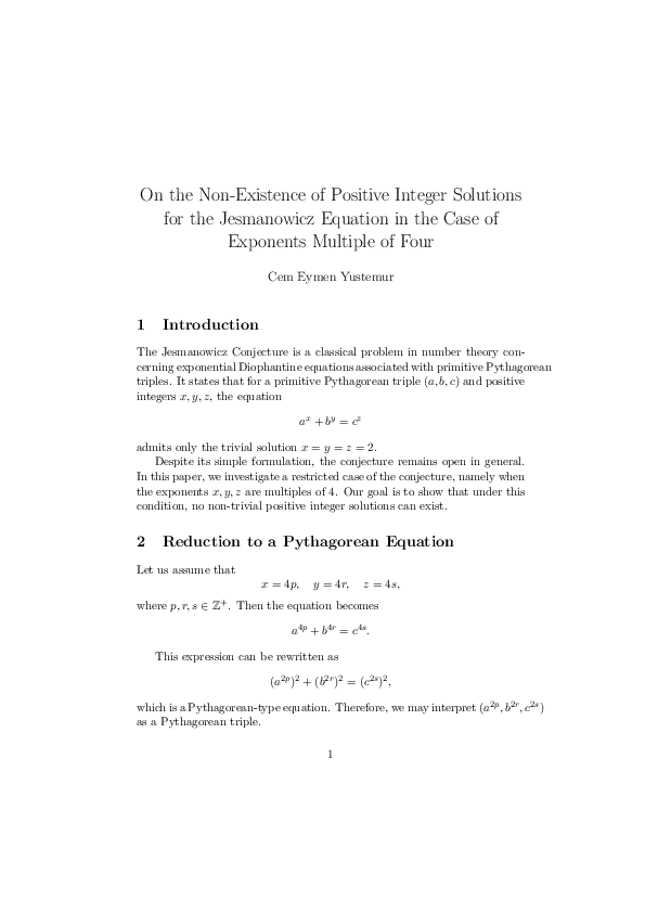 (PDF) On the Non-Existence of Positive Integer Solutions for the ...