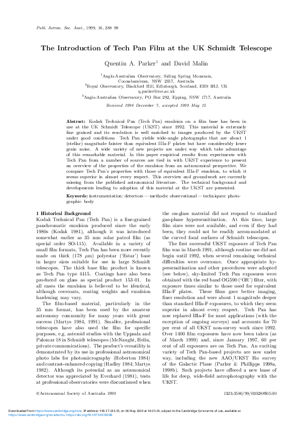 (PDF) The Introduction of Tech Pan Film at the UK Schmidt Telescope