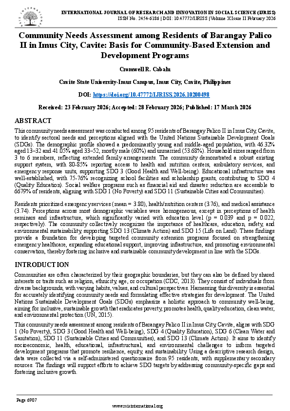 (PDF) Community Needs Assessment among Residents of Barangay Palico II ...