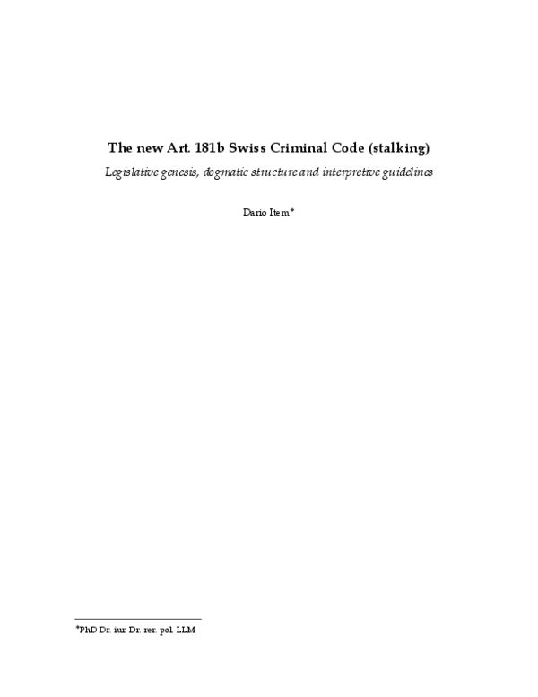 (PDF) The new Art. 181b (stalking) Swiss Criminal Code