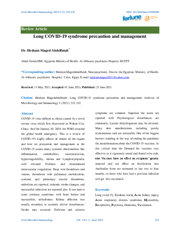 (PDF) Long COVID-19 syndrome precaution and management