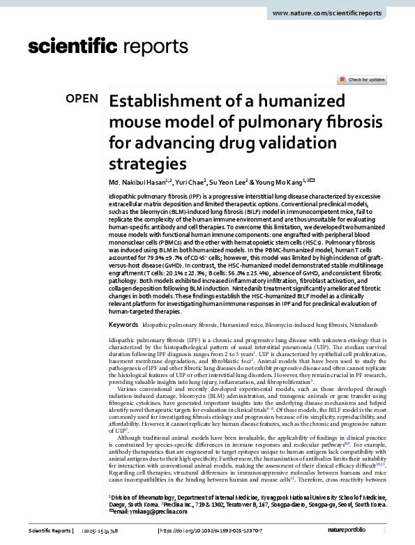 (PDF) Establishment of a humanized mouse model of pulmonary fibrosis ...