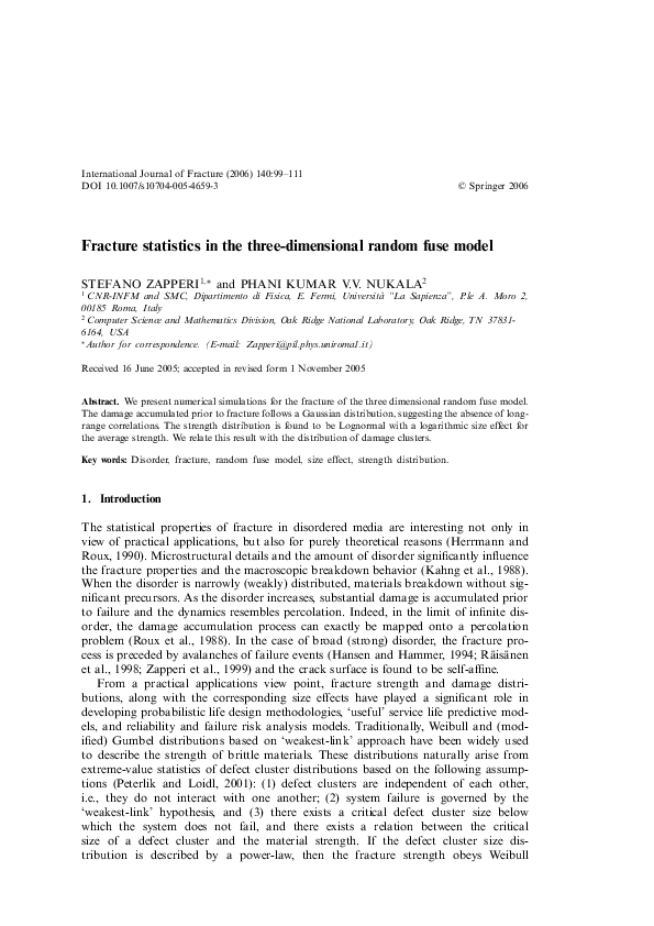 (PDF) Fracture statistics in the three-dimensional random fuse model