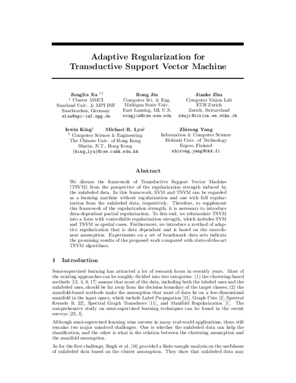 (PDF) Adaptive Regularization for Transductive Support Vector Machine