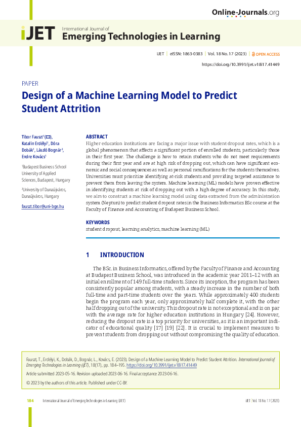 (PDF) Design of a Machine Learning Model to Predict Student Attrition