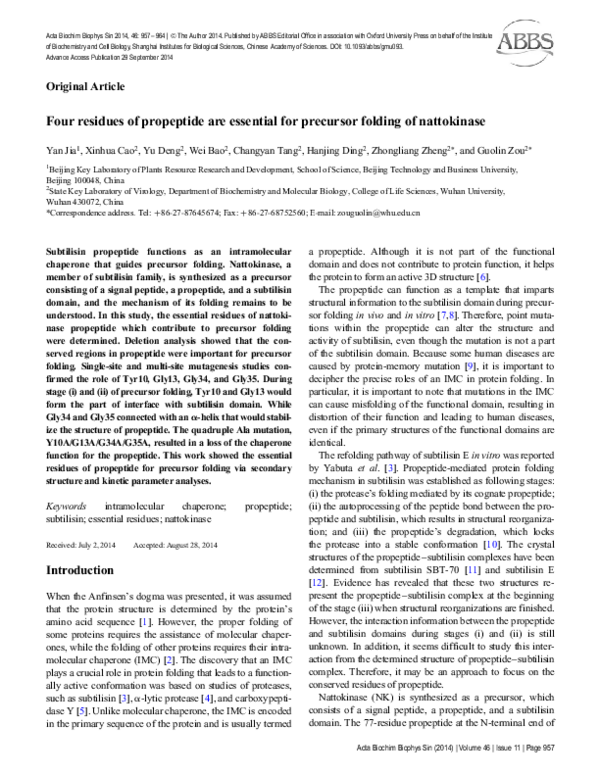 (PDF) Four residues of propeptide are essential for precursor folding ...