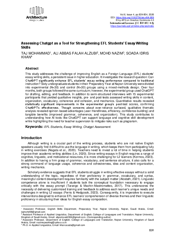 (PDF) Assessing Chatgpt as a Tool for Strengthening EFL Students' Essay ...