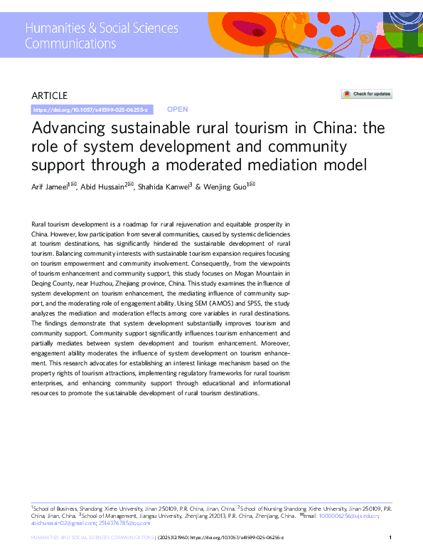 (PDF) Advancing sustainable rural tourism in China: the role of system ...